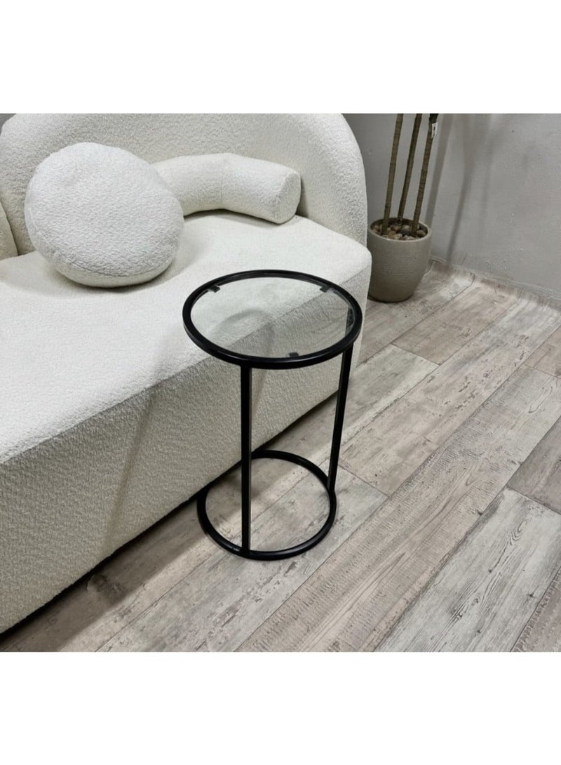 طاولة خدمة جانبية مودرن - هيكل حديد أسود وسطح زجاجي فخم.